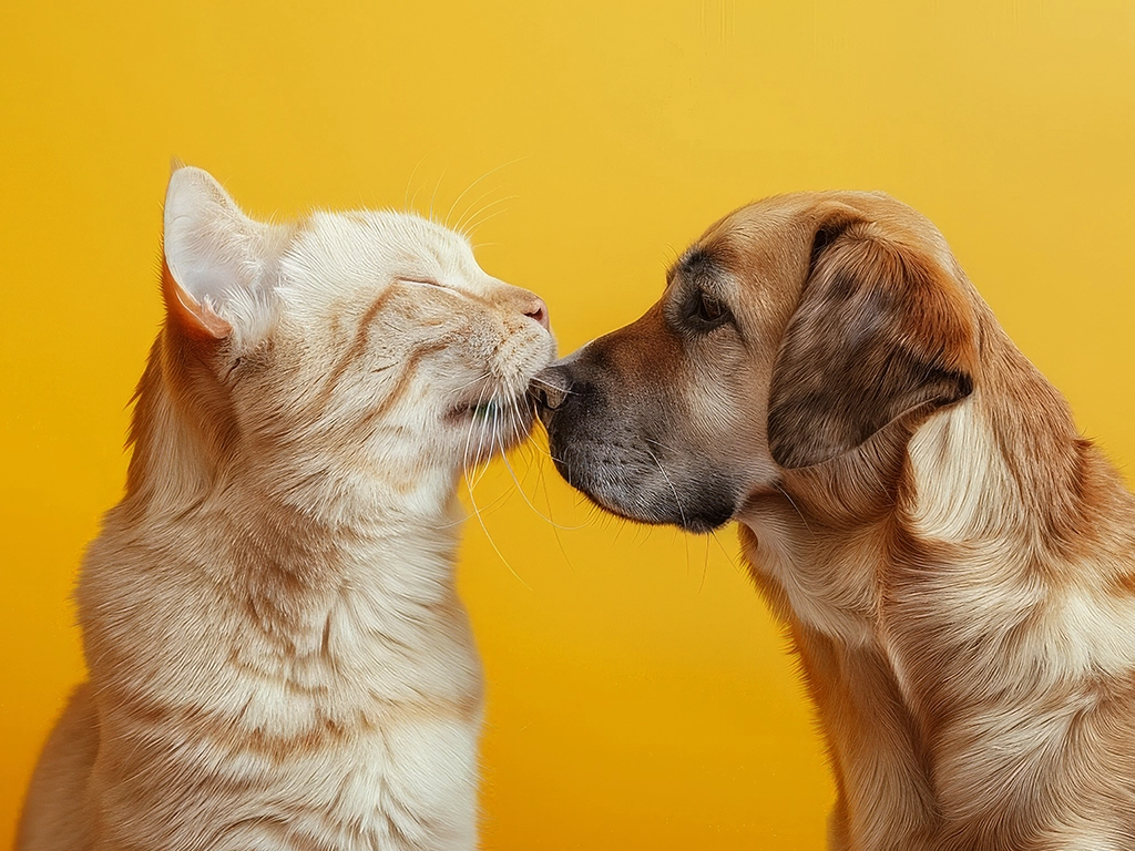 dog and cat touching noses standing face to face